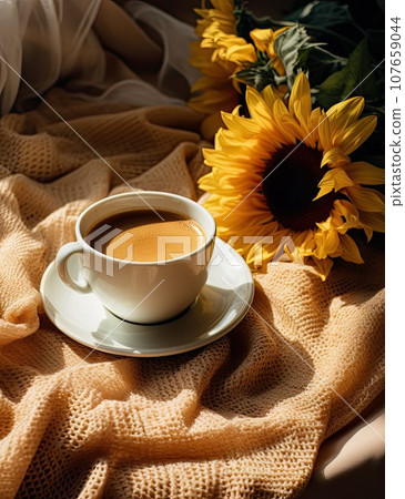 a cup of coffee on a blanket with sunflowers in the photo is taken from above, and it's still showing a cup of coffee on a blanket with sunflowers in the photo is taken from above, and it's still showing 107659044