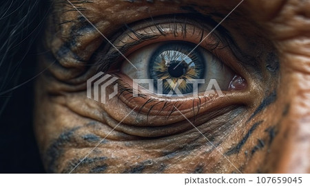 an old woman's eye with wrness on her face and the pupil visible in the upper part of the eye an old woman's eye with wrness on her face and the pupil visible in the upper part of the eye 107659045