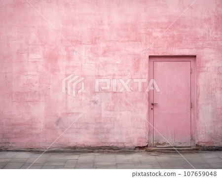 a pink wall with a door in the middle, taken from behind it is an empty space for text or image 107659048