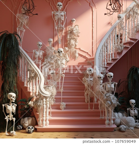 halloween decorations on the stairs in a pink room with lots of fake skeletons and spooks hanging from the ceiling 107659049