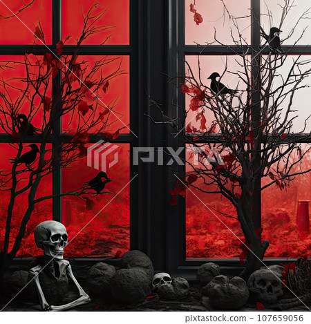 a skeleton sitting on the ground in front of a window with red leaves and dead trees behind it, surrounded by skulls 107659056