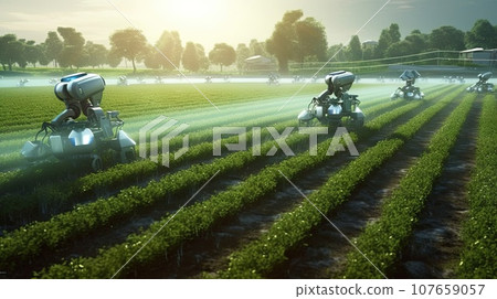 two people in the middle of a field, spraying pesticides on crops to protect them from mosquitoes 107659057
