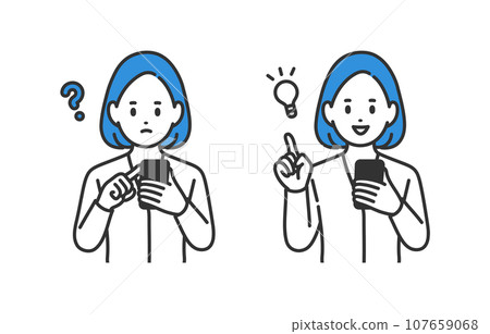 一組女商人看著智能手機，擺出懷疑/靈感的姿勢【人物矢量插畫素材】 107659068