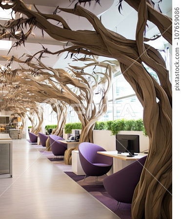 an office with purple chairs and wooden trees in the middle part of the room, there is a computer on the right hand side an office with purple chairs and wooden trees in the middle part of the room, there is a computer on the right hand side 107659086