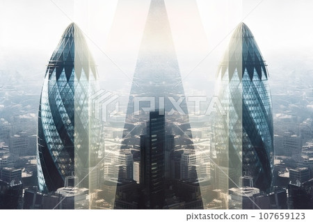 two skyscrapers in the middle of a city with buildings on both sides, one is blue and the other is white two skyscrapers in the middle of a city with buildings on both sides, one is blue and the other is white 107659123