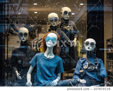 three manne heads in a store window with many different types of clothing and glasses on them, all looking at the same 107659139