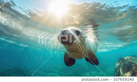 a sea lion swimming in the ocean with sunlight shining through its fur, taken from underwater photography by photographer person a sea lion swimming in the ocean with sunlight shining through its fur, taken from underwater photography by photographer person 107659140