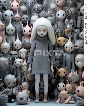 a woman standing in front of a large group of small, gray and white dolls that look like human heads a woman standing in front of a large group of small, gray and white dolls that look like human heads 107659141