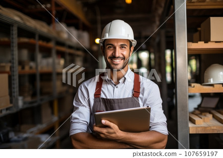 Portrait of smiling happy logistics specialist in protective helmet. Logistician, engineer or warehouse worker with tablet in modern spacious storehouse. Responsible storage and distribution of goods. 107659197