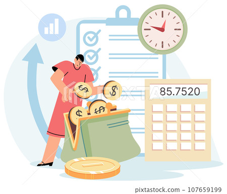 Analysis of personal or corporate budget concept vector. Financial accounting and calculation of money income and expenses. Retirement investments, pension fund. Woman putting coins in purse Analysis of personal or corporate budget concept vector. Financial accounting and calculation of money income and expenses. Retirement investments, pension fund. Woman putting coins in purse 107659199