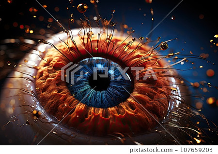 an eye with fire coming out from the iris's pupil, which is part of its structure and function 107659203