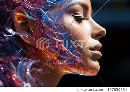 a woman's face with colorful hair blowing in the wind, as if she is looking into the distance 107659264