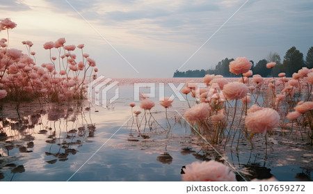 some pink flowers in the middle of a body of water with clouds and trees in the sky is reflected in the water some pink flowers in the middle of a body of water with clouds and trees in the sky is reflected in the water 107659272