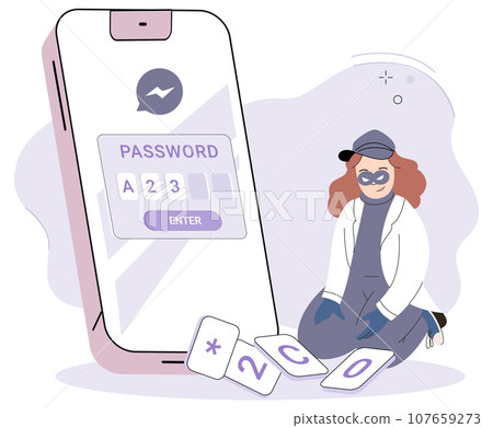 Hacker identity theft, internet fraud concept. Crime, spam, spyware that unlocks smartphone security. Stealing password. Cyber crime, theft personal information in account, cyber security, spy access 107659273