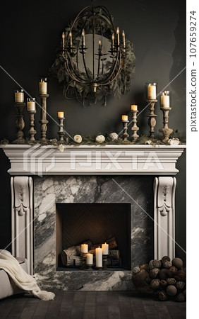 a fireplace with candles, wreaths and other christmas decorations on the mantle is surrounded by greene's branches a fireplace with candles, wreaths and other christmas decorations on the mantle is surrounded by greene's branches 107659274