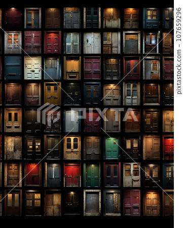 many doors that are all different colors and sizes, with one door open to reveal the room's interior many doors that are all different colors and sizes, with one door open to reveal the room's interior 107659296