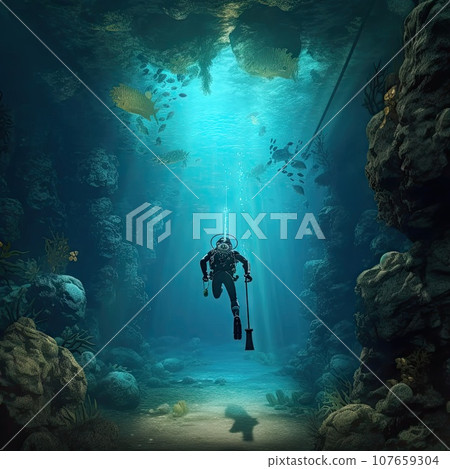 an underwater diver swimming in the deep blue water, with fish and corals surrounding himachali island, maldives islands, indian an underwater diver swimming in the deep blue water, with fish and corals surrounding himachali island, maldives islands, indian 107659304