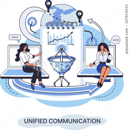 Unified communication metaphor. Social media creative idea. Online social network. Business interaction applications. Marketing time. Mobile computer gadgets for cooperations and information exchange 107659331