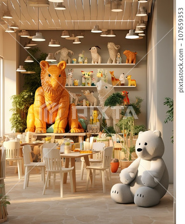 a kid's room with stuffed animals on the wall and tables in the middle, there is a teddy bear sitting next to a kid's room with stuffed animals on the wall and tables in the middle, there is a teddy bear sitting next to 107659353