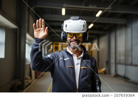 Portrait of male construction or industrial worker with safety hard hat, wearing protection headphones and protective glasses. Smiling engineer in uniform raising his hand in a greeting gesture. 107659364