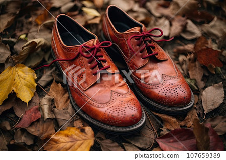 two pairs of red and brown broguen shoes on the ground with autumn leaves in the background stock photo two pairs of red and brown broguen shoes on the ground with autumn leaves in the background stock photo 107659389