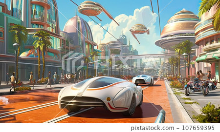 a futuristic city with cars and people in the fore, surrounded by palm trees on either side of the road a futuristic city with cars and people in the fore, surrounded by palm trees on either side of the road 107659395
