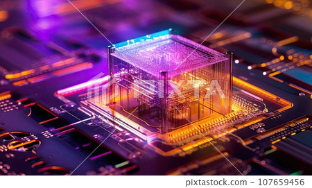 a computer processor on top of a motherboard with purple and yellow lights in the background a computer processor on top of a motherboard with purple and yellow lights in the background 107659456