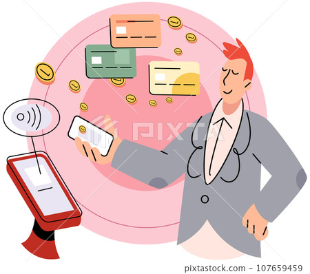 Cashless payment. Vector illustration. Online retailers often offer incentives or discounts for choosing cashless payment options Contactless payment technology relies on short-range wireless 107659459