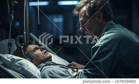 Mature male doctor examining patient using stethoscope and medical equipment in hospital room on bed. Experienced clinician clarifies diagnosis and treatment methods. Professional care for the health. Mature male doctor examining patient using stethoscope and medical equipment in hospital room on bed. Experienced clinician clarifies diagnosis and treatment methods. Professional care for the health. 107659460