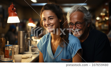 Portrait of young attractive female doctor or nurse with an elderly patient. Smiling clinician in gray uniform communicates kindly with a patient and creates a positive atmosphere in medical facility. Portrait of young attractive female doctor or nurse with an elderly patient. Smiling clinician in gray uniform communicates kindly with a patient and creates a positive atmosphere in medical facility. 107659480