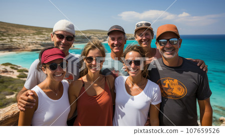 Group photo of young, cheerful, friendly tourists against the backdrop of the picturesque sea coast. Happy men and women in summer clothes, hats and sunglasses look at the camera, smiling cheerfully. 107659526