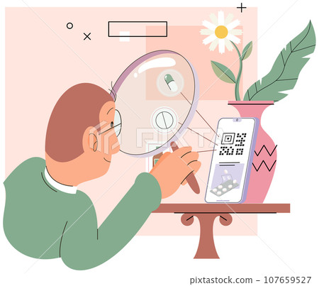 Secure and convenient online pharmacy. Order medications via mobile drug app store. Simplify buying medicines online. Man character choosing medication pills from medical app using qr code on phone 107659527
