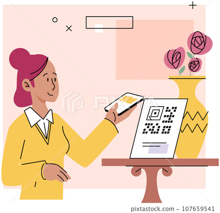 Cashless payment. Vector illustration. NFC technology allows for seamless communication between devices for contactless transactions Wireless payment systems. Qr code payment Cashless payment. Vector illustration. NFC technology allows for seamless communication between devices for contactless transactions Wireless payment systems. Qr code payment 107659541