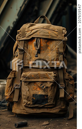 an old backpack sitting on the ground in front of a rusted building with fire coming from it's chimney an old backpack sitting on the ground in front of a rusted building with fire coming from it's chimney 107659547