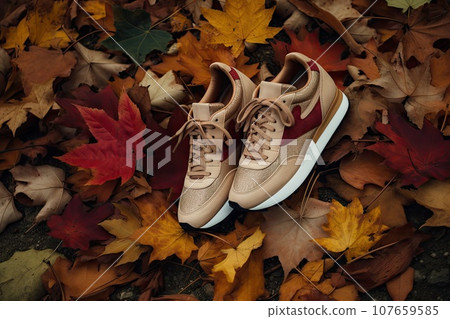 the nike air max's in beige and red, surrounded by autumn leaves on a white sole is visible 107659585