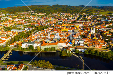 Aerial cityscape of Pisek 107659612