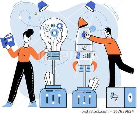 Startup project, creative new idea business concept. Team of startup founders launching new plan scene. Innovation solution development. People solving complex problems, characters in work situation Startup project, creative new idea business concept. Team of startup founders launching new plan scene. Innovation solution development. People solving complex problems, characters in work situation 107659624