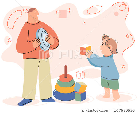 Happy father and son playing with toys together. Dad with kid spending time together at home in childrens room. Parent and child relationship, happy fatherhood and parenting. Happy family joyful time 107659636