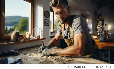 A middle-aged carpenter marks a product and prepares it for processing. Caucasian furniture designer is engaged in creative work in a loft studio. A young handsome craftsman works in a cozy workshop. A middle-aged carpenter marks a product and prepares it for processing. Caucasian furniture designer is engaged in creative work in a loft studio. A young handsome craftsman works in a cozy workshop. 107659645