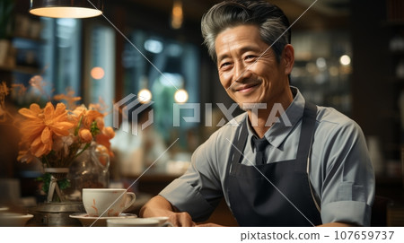 Portrait of middle aged male entrepreneur in coffee shop or restaurant. Successful small business owner sitting at the bar counter. Happy smiling waiter wearing apron and hat with cup of coffee. Portrait of middle aged male entrepreneur in coffee shop or restaurant. Successful small business owner sitting at the bar counter. Happy smiling waiter wearing apron and hat with cup of coffee. 107659737