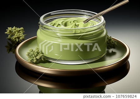 A glass jar with homemade organic cream or ointment with natural ingredients. Cosmetic product made of olive oil, avocado, herbs and spices. DIY remedy for body and health. Organic beauty products. A glass jar with homemade organic cream or ointment with natural ingredients. Cosmetic product made of olive oil, avocado, herbs and spices. DIY remedy for body and health. Organic beauty products. 107659824