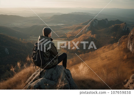 a person sitting on top of a mountain looking out at the valley and mountains in the distance is a lake a person sitting on top of a mountain looking out at the valley and mountains in the distance is a lake 107659838