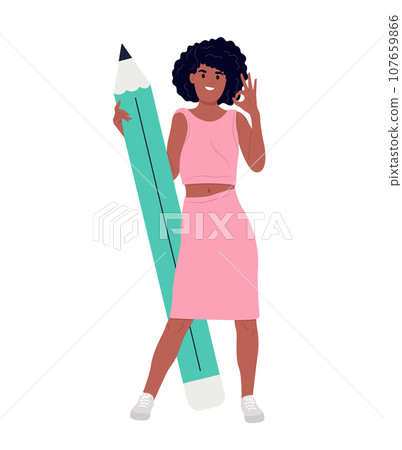 Black girl holding big pencil showing OK gesture. A person who makes notes, sketches. 107659866