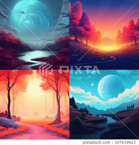 Magical landscape in bright colors, fictional world. Imagination and fantasy concept. Quadtych illustration 107659923