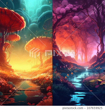 Enchanting forest with mushroom-shaped trees. Imagination, magic, whimsical landscape and fantasy concept. Diptych illustration 107659925