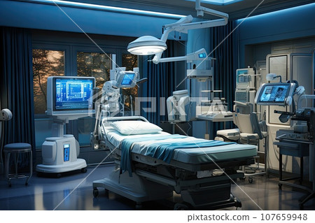 a hospital room with an operating system on the wall and two medical beds in the fore - lit area behind 107659948