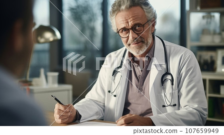 Mature gray-haired doctor in white medical gown talking with patient in office. Experienced clinician listens carefully to patient's complaints and makes notes in notebook. Quality medical treatment. Mature gray-haired doctor in white medical gown talking with patient in office. Experienced clinician listens carefully to patient's complaints and makes notes in notebook. Quality medical treatment. 107659949