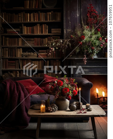 a living room with books, flowers and candles on the coffee table in front of an old wooden bookcase a living room with books, flowers and candles on the coffee table in front of an old wooden bookcase 107659951