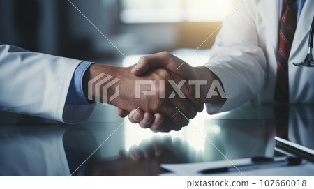 Two doctors in white uniform are shaking hands as agreement about diagnosis and patient's treatment. Close-up. Medical help, quality medical treatment concept. Two doctors in white uniform are shaking hands as agreement about diagnosis and patient's treatment. Close-up. Medical help, quality medical treatment concept. 107660018