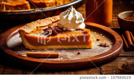 a slice of pumpkin pie on a wooden plate with whipped cream and cinnamon sticks in the background photo is taken from above 107660029